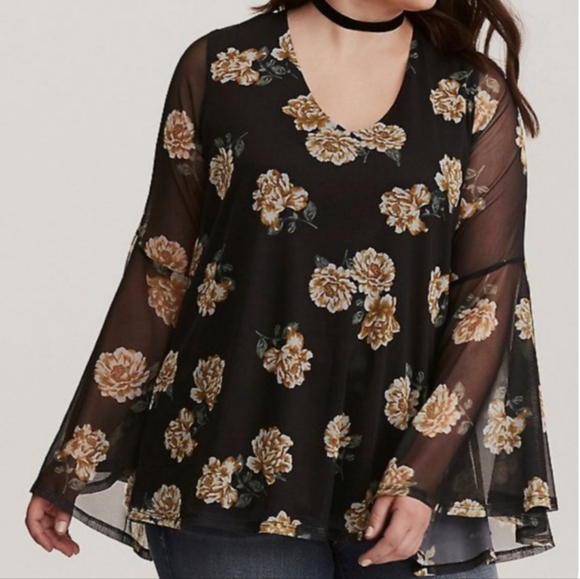 Torrid Mesh Bell Sleeve Floral Top Black Yellow Plus Size 3X - Picture 1 of 5